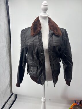 Vintage Brown Faux Fur Collar Leather Bomber Jacket - Women